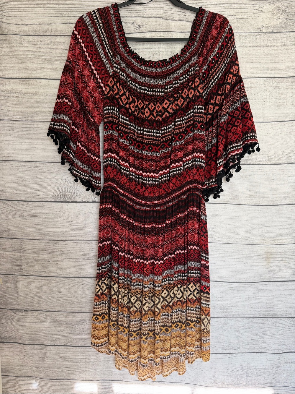 Mystree Boho Off Shoulder Bell Sleeve Midi Dress Pom Pom Trim Rayon Medium